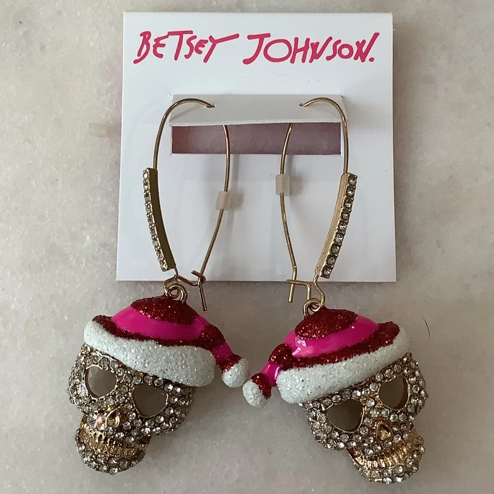 Betsey Johnson Pink & Gold Crystal Skull Santa Hat Drop Earrings - Picture 1 of 1